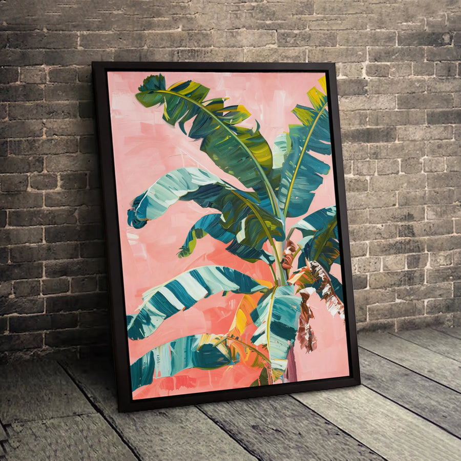 Tropical Banana Leaf Canvas Art | Pink Abstract Botanical Wall Decor | Gallery-Wrapped Premium Print | Modern Living Room Home Gift