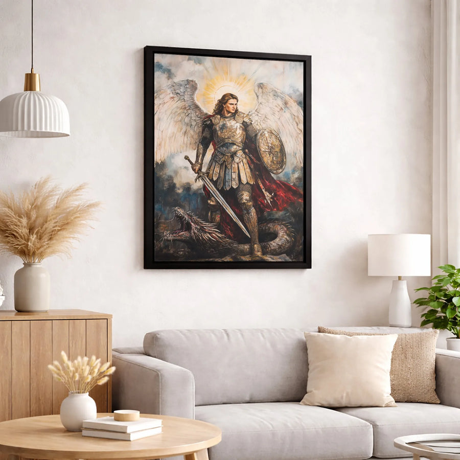 Saint Michael The Archangel Canvas Wall Art | Warrior Angel Slaying Dragon Print | Premium Gallery-Wrapped 1.25" Profile | Religious Home Decor Gift