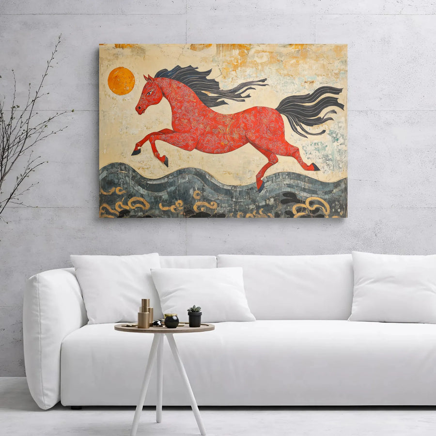 Red Horse Canvas Wall Art | Folk Art Style Leaping Stallion | Premium 1.25" Gallery Wrap | Western Rustic Home Decor Gift