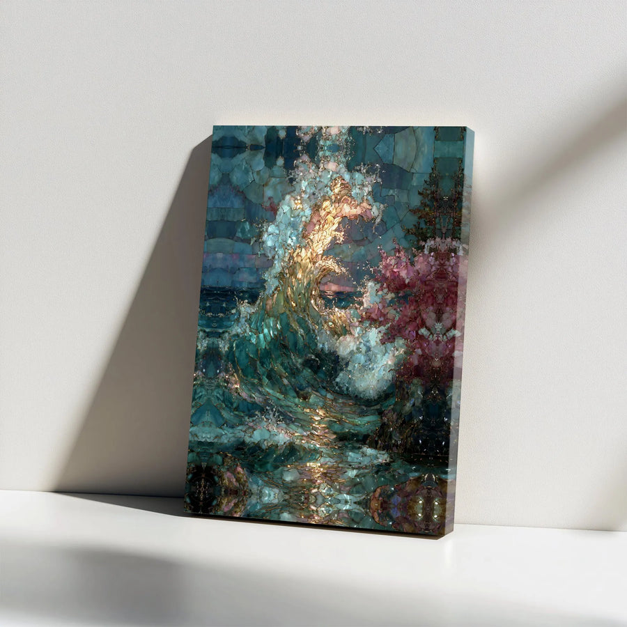 Ocean Wave Canvas Wall Art | Abstract Mosaic Stained Glass Style | 1.25 Inch Gallery Wrap Premium Decor | Coastal Home Office Living Room Gift