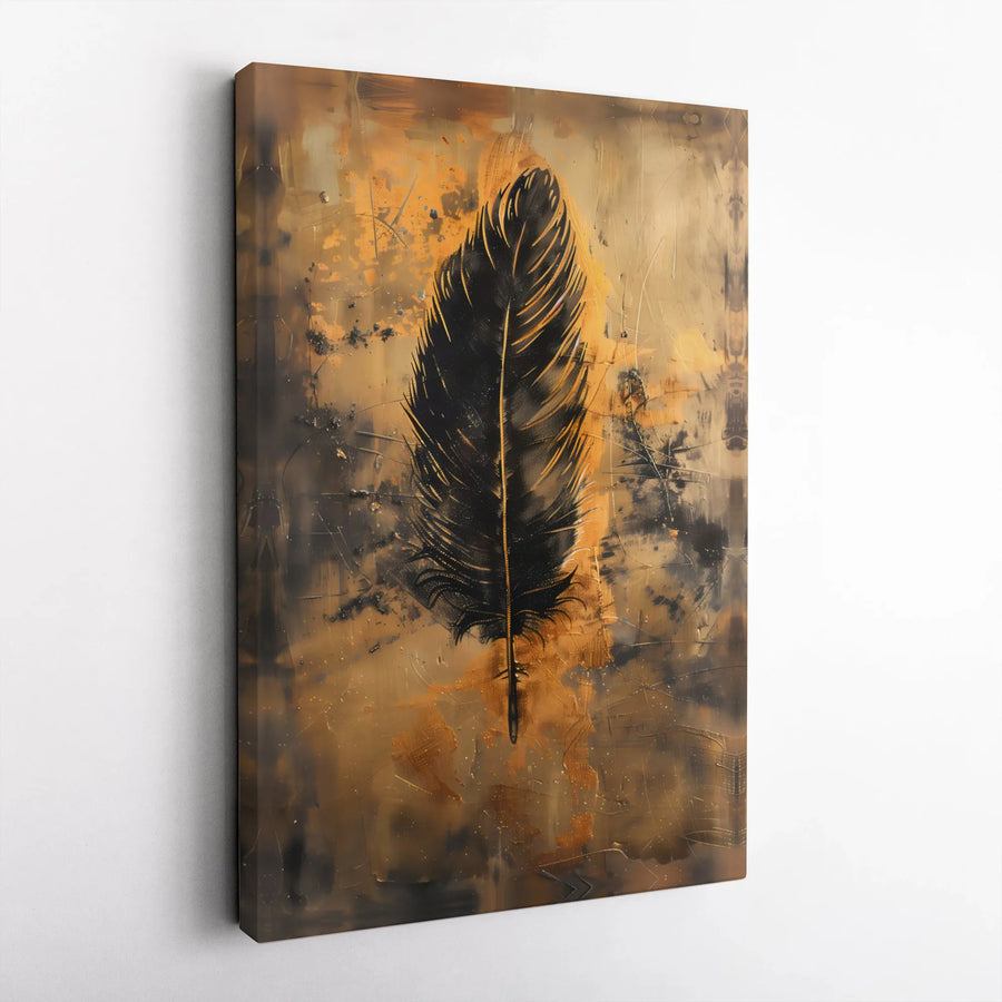 Abstract Black Feather Canvas Print | Gold and Black Textured Wall Art | Premium Gallery Wrapped Canvas | Modern Living Room & Office Decor Gift