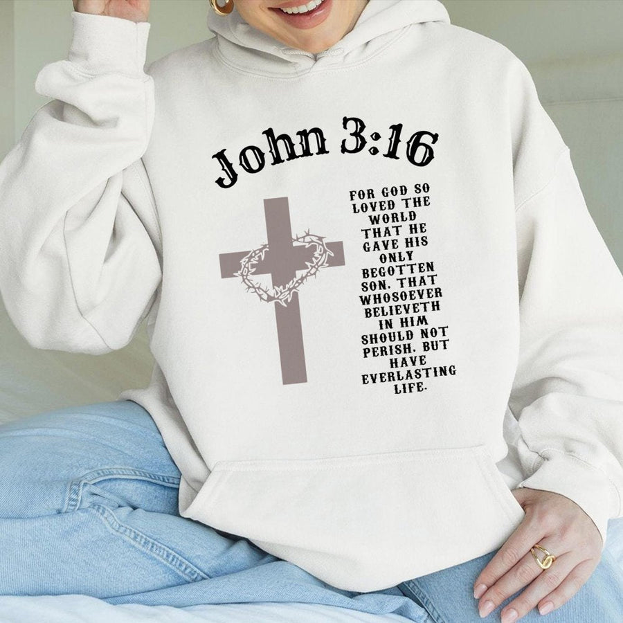 John 3:16 Hoodie | Cross and Crown of Thorns Bible Verse Graphic | Premium Cotton Blend | Faith-Based Christian Gift for Men and Women