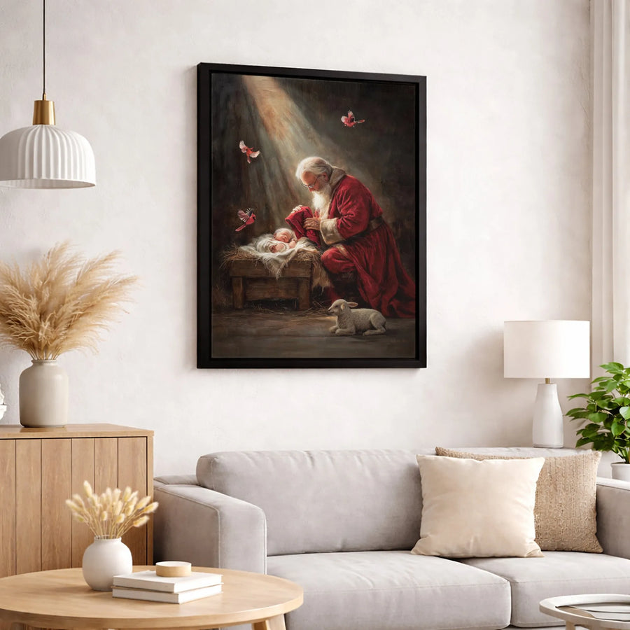 Santa Kneeling at Manger Canvas Print | Religious Christmas Nativity Scene | Premium Fade-Resistant Wall Art | Spiritual Holiday Home Decor Gift