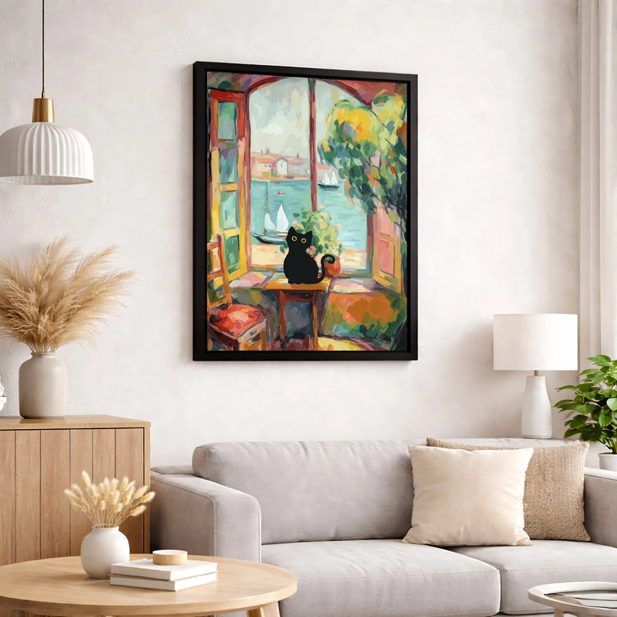 Black Cat Wall Art | Fauvist Style Window View with Sailboats | Gallery Quality Canvas Print | Whimsical Home Decor Gift for Cat Lovers