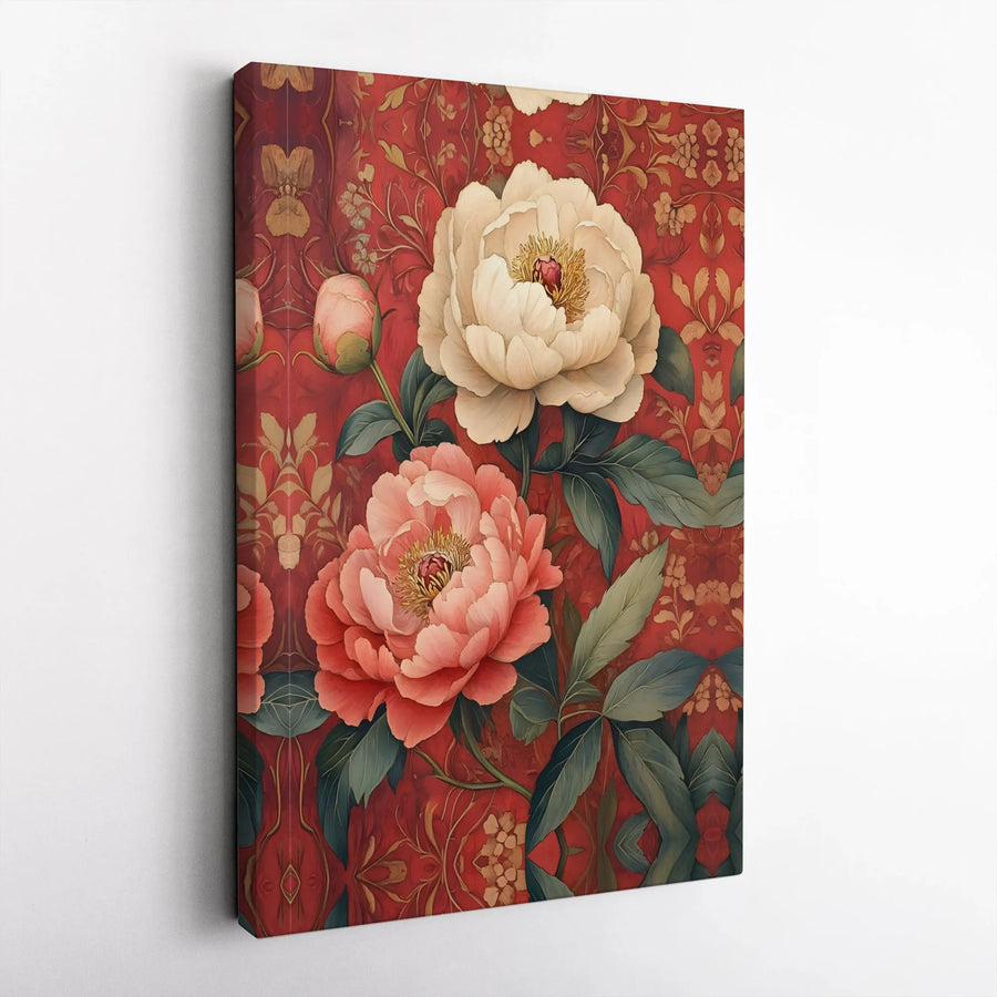 Floral Peony Wall Art | Red Damask Botanical Canvas | Gallery-Quality Fade-Resistant Print | Elegant Home Office Decor Gift