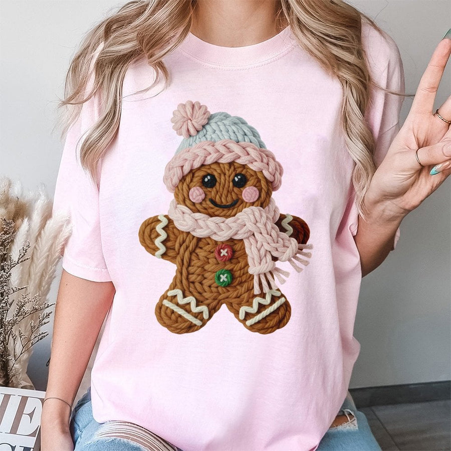 Gingerbread Man T-Shirt | Knitted Yarn Texture Graphic | 100% Cotton Premium Tee | Cute Christmas Gift for Holiday Lovers