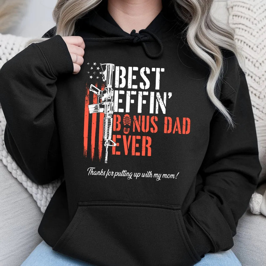 Bonus Dad Hoodie | Funny Stepdad Gift with American Flag Rifle Design | Premium Cotton Blend | Best Bonus Dad Ever Apparel for Father's Day 2026
