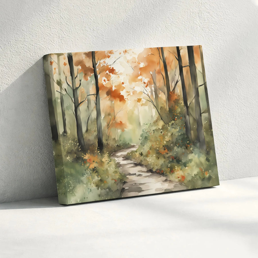 Autumn Forest Path Canvas Print | Watercolor Fall Woodland Landscape | Premium Gallery Wrapped Art | Seasonal Home Decor Gift for Nature Lovers