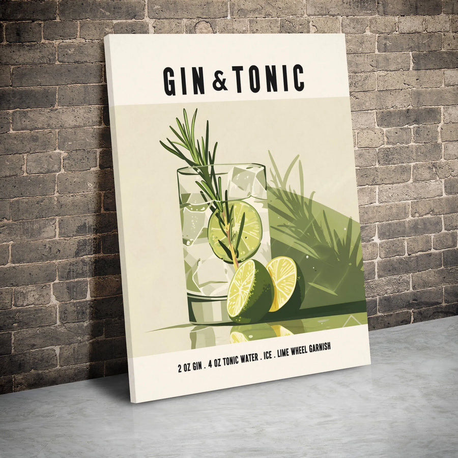 Gin and Tonic Cocktail Wall Art | Minimalist Bar Recipe Print | Gallery-Wrapped Canvas | Kitchen Decor Gift for Cocktail Lovers