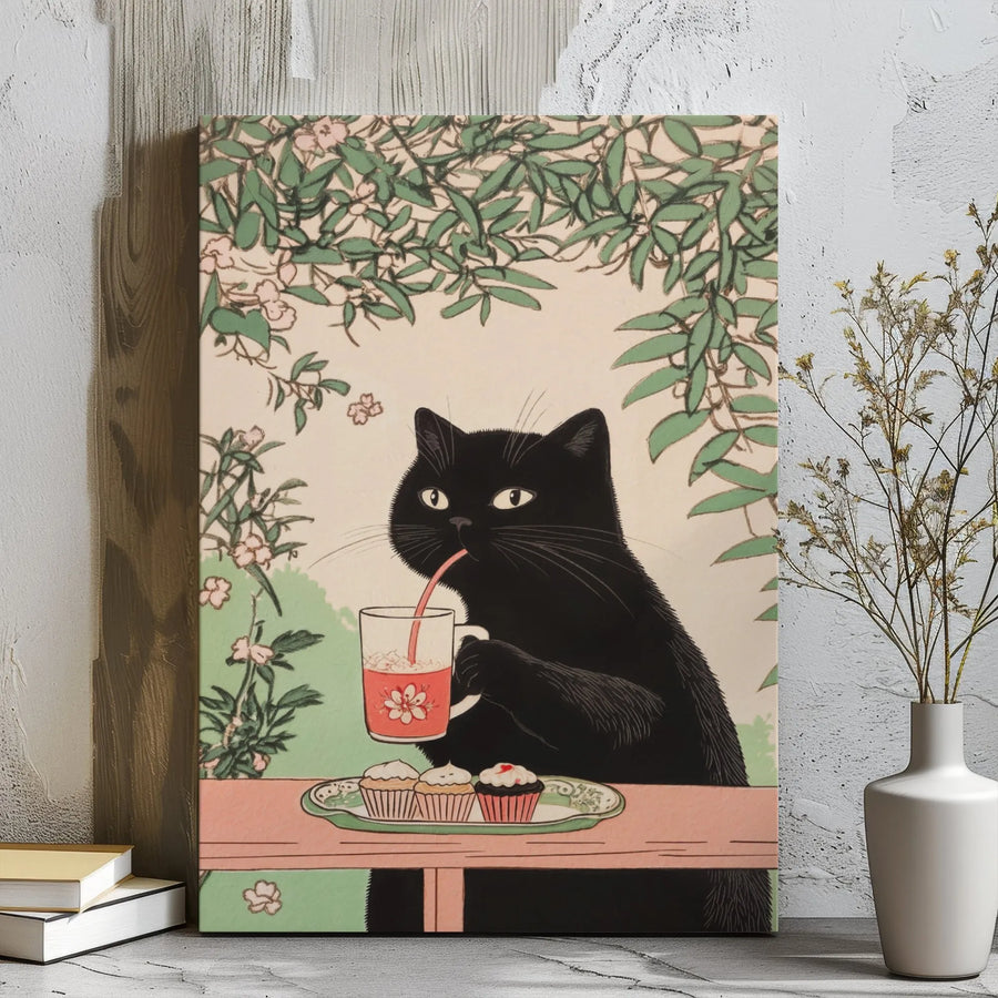 Black Cat Wall Art | Japanese Ukiyo-e Style Garden Tea Party | Premium Gallery Wrap Canvas | Whimsical Animal Lover Gift