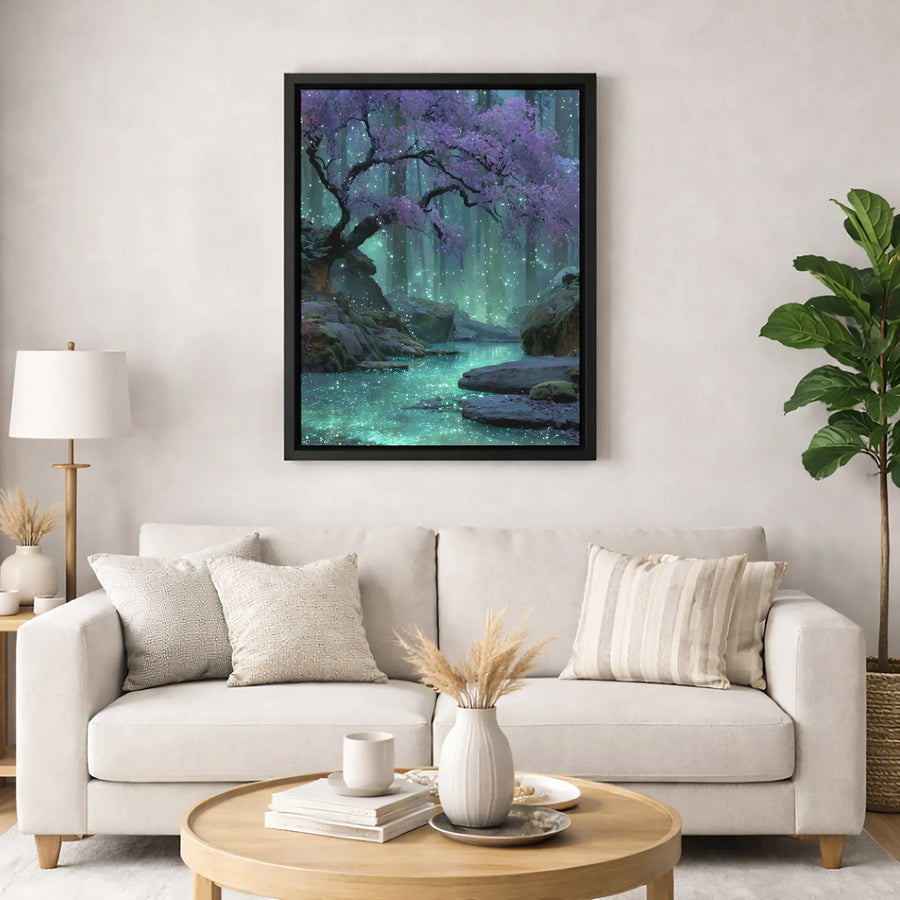 Enchanted Forest Wall Art | Magical Glowing River & Purple Blossom Tree Print | Premium Gallery-Wrapped Canvas | Whimsical Home Decor Gift