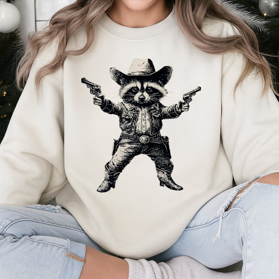 Cowboy Raccoon Sweatshirt | Retro Western Wildlife Graphic | Soft Cotton Blend | Funny Animal Gift For Raccoon Lovers