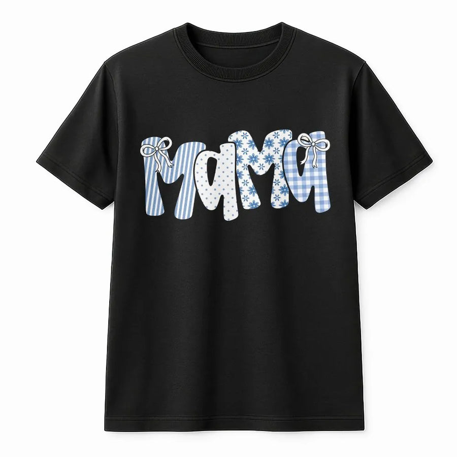 Mama T-Shirt | Cute Blue Gingham & Floral Lettering | Cozy Cotton Blend Pullover | Gift for New Mom, Mothers Day Present