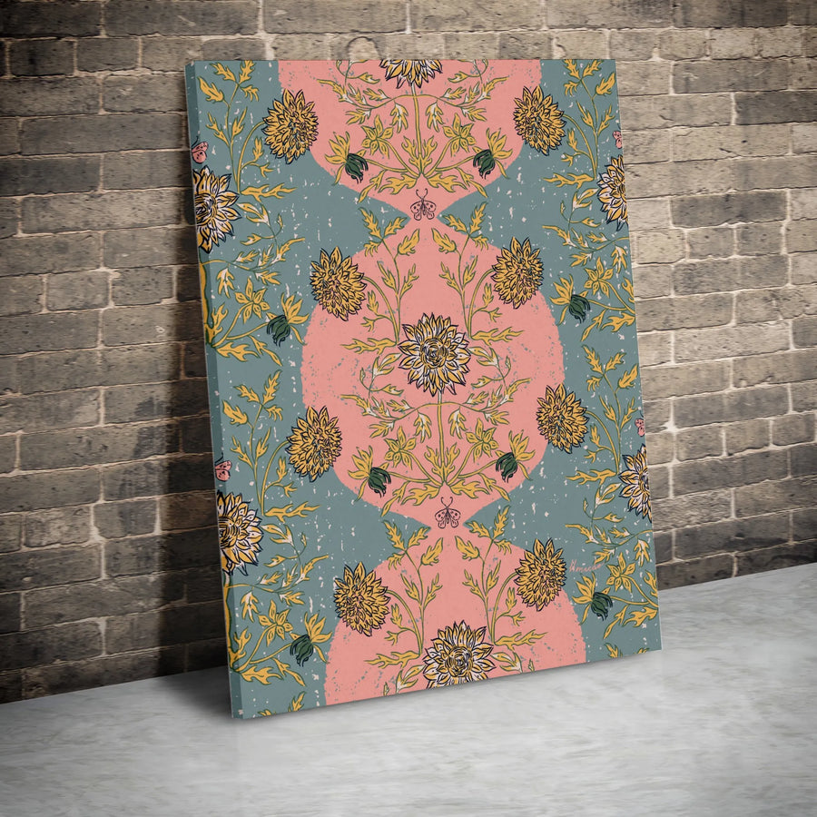 Vintage Floral Canvas Wall Art | Symmetrical Yellow Flower Botanical Print | Gallery Quality 1.25 Inch Thick Frame | Aesthetic Home Decor Gift