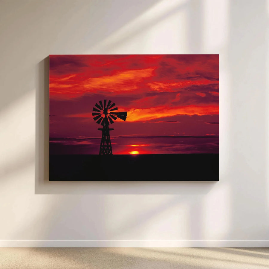 Windmill Canvas Wall Art | Red Sunset Landscape Silhouette | Premium Gallery Wrap Print | Rustic Farmhouse Decor Gift