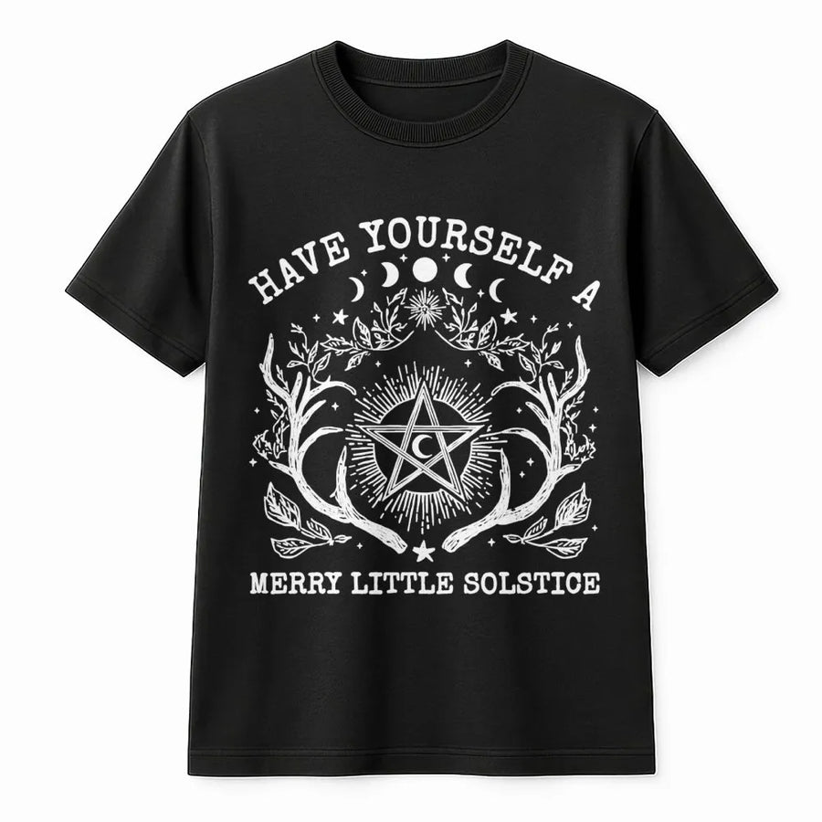 Merry Little Solstice T-Shirt | Witchy Pentagram & Moon Phase Graphic | Premium Soft Cotton | Boho Pagan Christmas Gift for Women