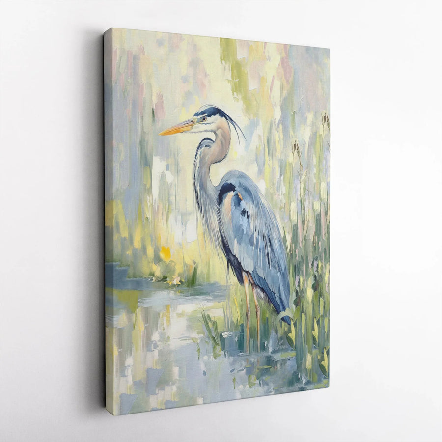 Great Blue Heron Canvas Wall Art | Impressionist Marsh Bird Painting | 1.25-Inch Premium Gallery Wrap | Nature-Inspired Home Decor Gift
