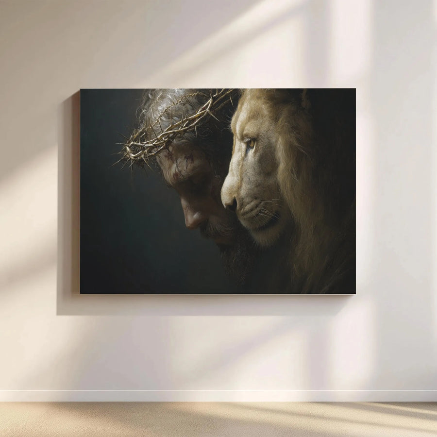 Lion of Judah Canvas Wall Art | Jesus with Crown of Thorns Portrait | Premium Gallery Wrap Canvas | Christian Home Decor Gift for Believers