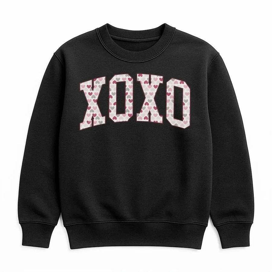 XOXO Valentine Sweatshirt | Heart Pattern Varsity Font Graphic | Premium Soft Unisex Pullover | Romantic Cute Gift for Her or Him