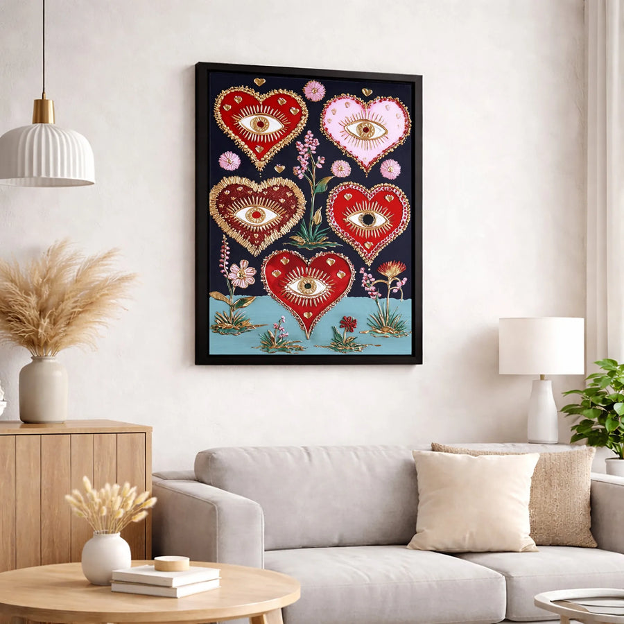 Mystical Evil Eye Heart Canvas Art | Surreal Floral Boho Wall Decor | Premium Gallery Wrap Print | Spiritual Aesthetic Gift for Her
