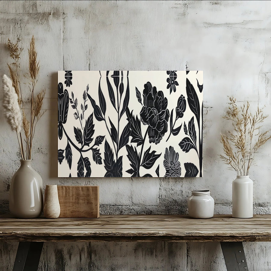 Black and White Floral Canvas Wall Art | Linocut Botanical Print | Premium Gallery-Wrapped 1.25” Frame | Modern Minimalist Home Decor Gift