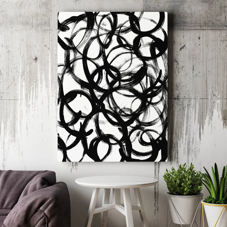 Abstract Brush Stroke Vertical Canvas | Monochrome Ink Swirl Artwork | Thick 1.25" Gallery Wrap | Premium Wall Art for Modern Home Decor