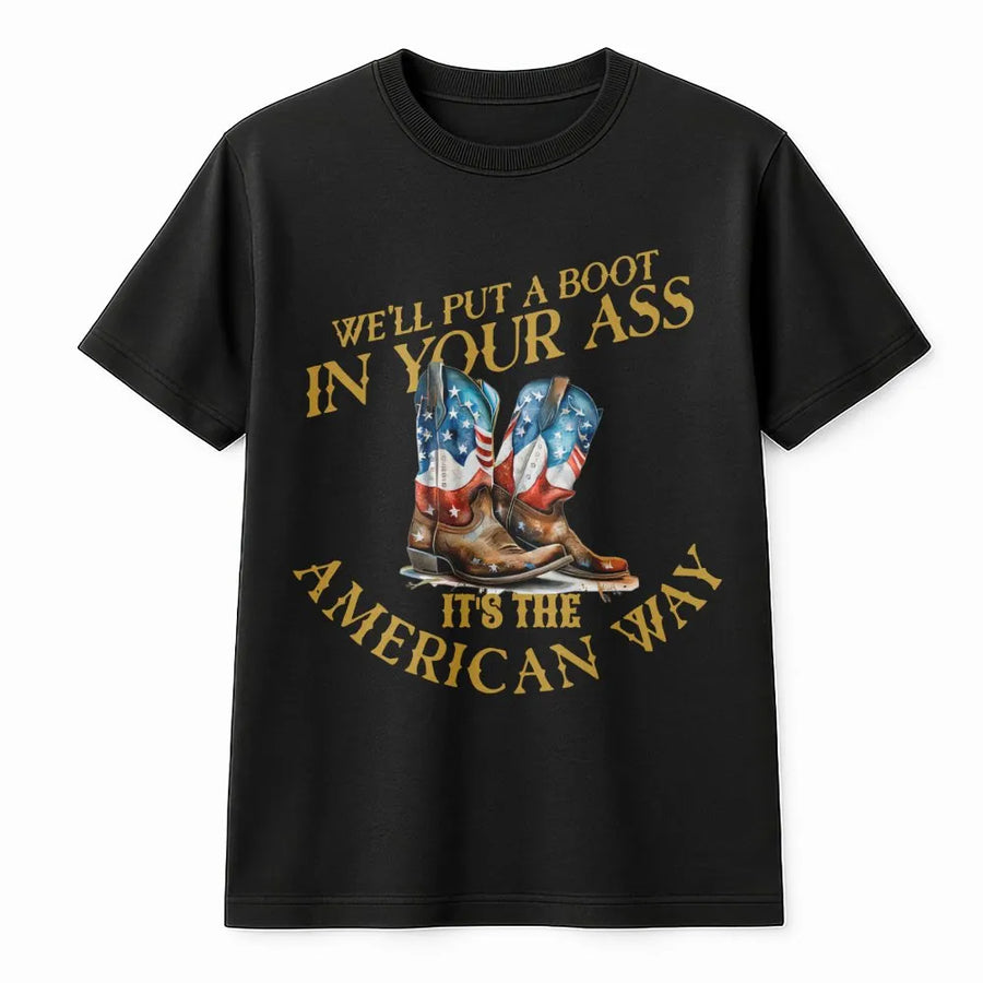 Patriotic Cowboy Boot T-Shirt | American Flag Western Graphic | Premium Cotton Unisex Tee | Country Music Fan Gift for Fourth of July