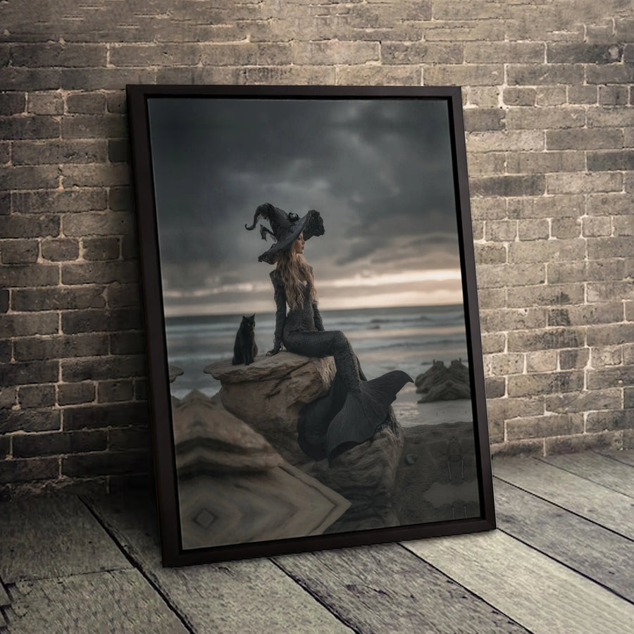 Gothic Mermaid Canvas Print | Dark Fantasy Witch with Black Cat Art | 1.25" Premium Gallery Wrapped | Spooky Coastal Home Decor Gift