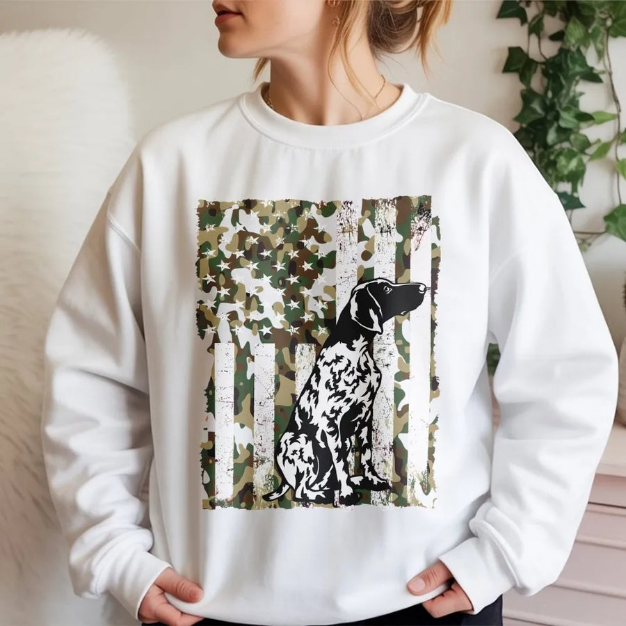 German Shorthaired Pointer Sweatshirt | Grunge Camo American Flag Design | Premium Cotton Blend | Gift for Hunting Dog Lovers & GSP Owners