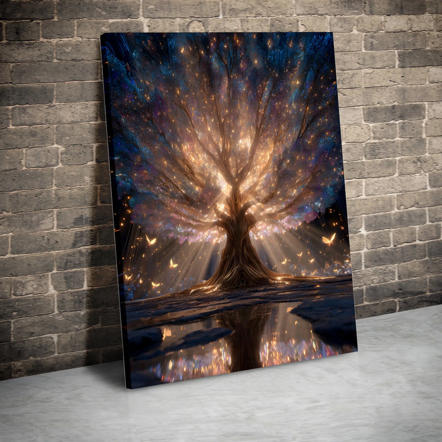 Enchanted Tree of Life Canvas Print | Mystical Forest with Glowing Butterflies | Premium Gallery Wrap Canvas | Spiritual Wall Decor Gift
