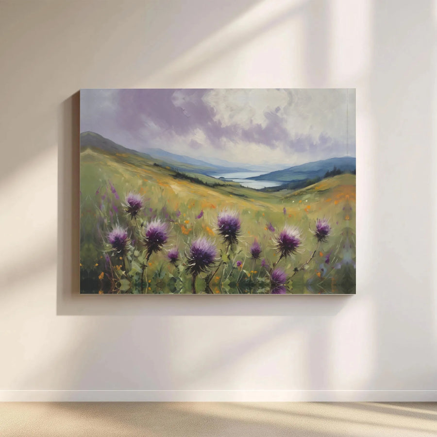 Purple Thistle Meadow Landscape Canvas | Highland Lake Mountain View | Premium Gallery-Wrapped Print | Nature-Inspired Home Decor Wall Art