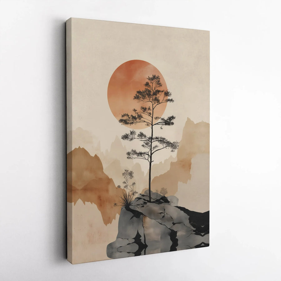 Japanese Zen Canvas Wall Art | Minimalist Pine Tree & Sun Landscape | Premium Gallery Wrapped Canvas | Modern Home & Office Decor Gift