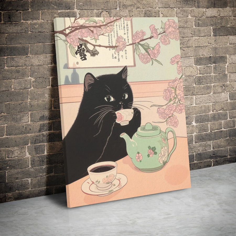 Japanese Ukiyo-E Black Cat Canvas Art | Cherry Blossom Tea Time Print | Premium Gallery Wrapped Wall Decor | Whimsical Cat Lover Gift Idea