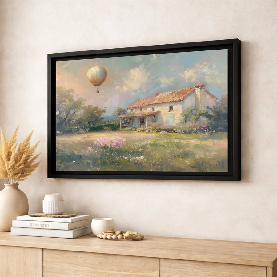 French Countryside Canvas Print | Impressionist Cottage Hot Air Balloon Landscape | Premium Gallery Wrapped Wall Art | Farmhouse Home Decor Gift