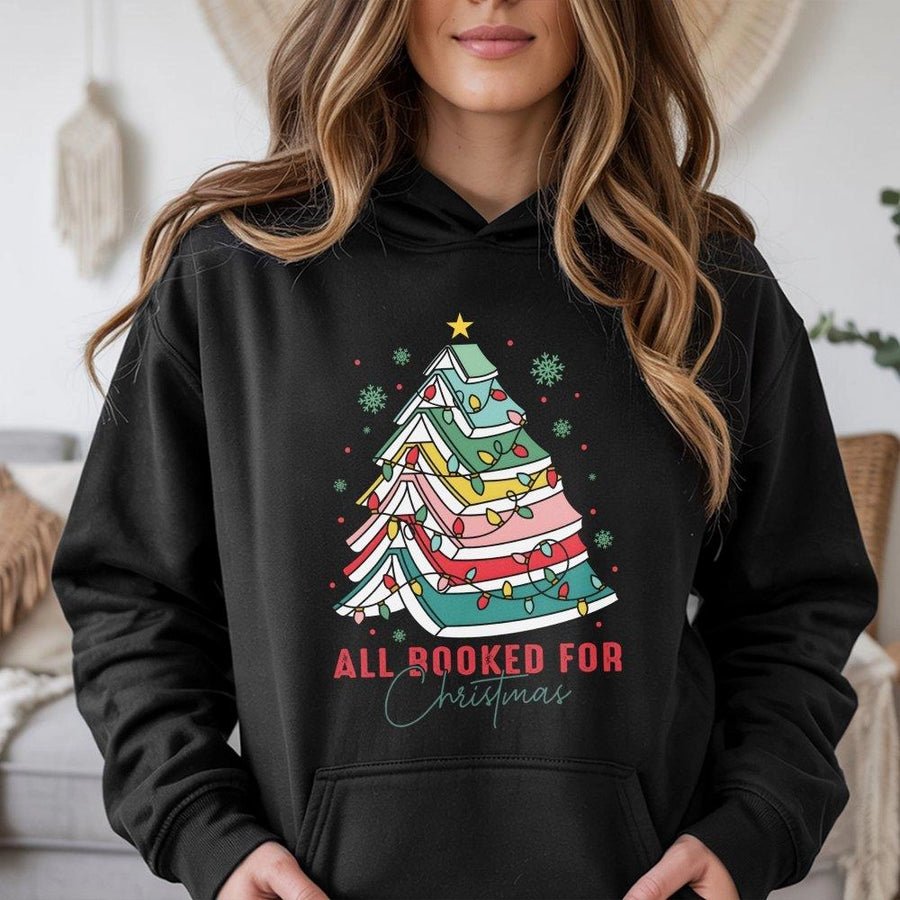 All Booked For Christmas Hoodie | Book Lover Tree Graphic | Premium Cotton Blend | Gift For Teachers Librarians Readers
