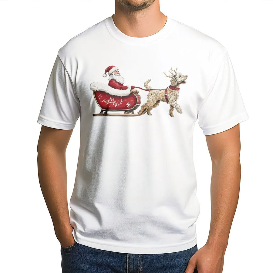 Goldendoodle Christmas T-Shirt | Santa Claus Riding Sleigh with Doodle Dog | Premium Cotton Holiday Graphic Tee | Funny Dog Lover Gift for Him Her