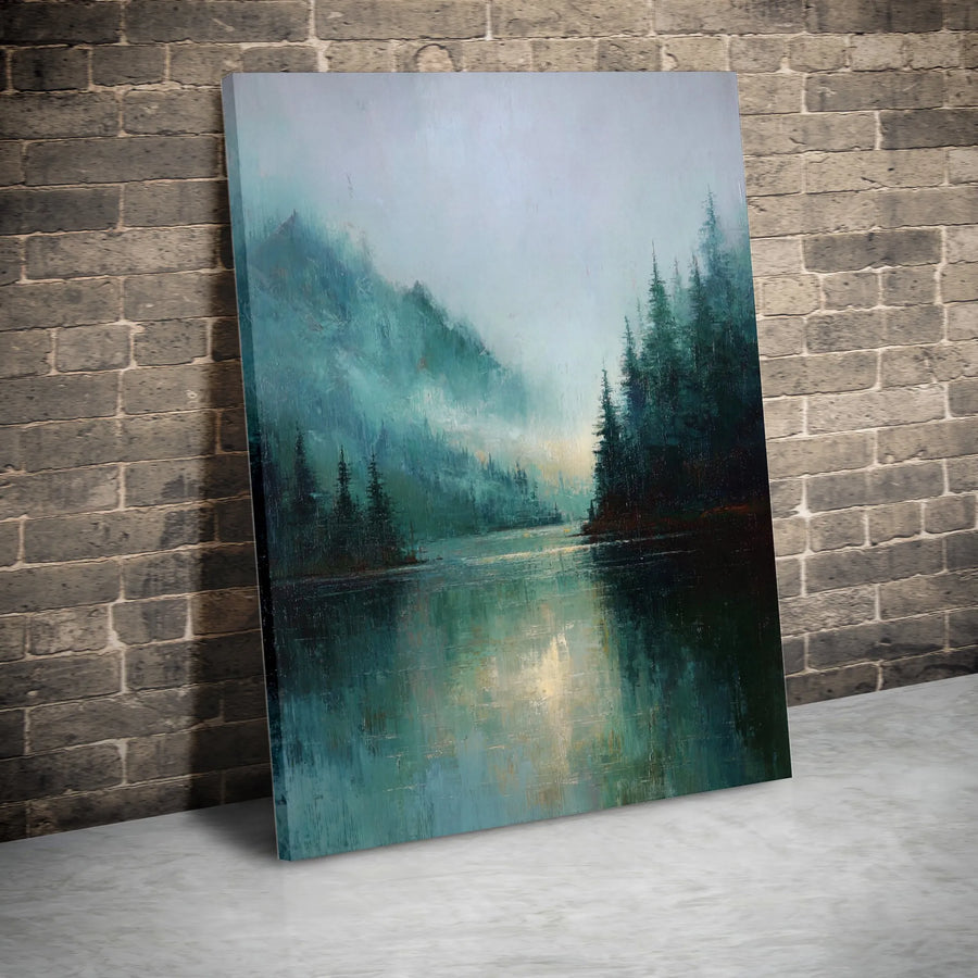 Misty Mountain Lake Canvas Wall Art | Pine Forest Reflection Print | Gallery Quality 1.25" Thick Frame | Modern Nature Home Decor Gift