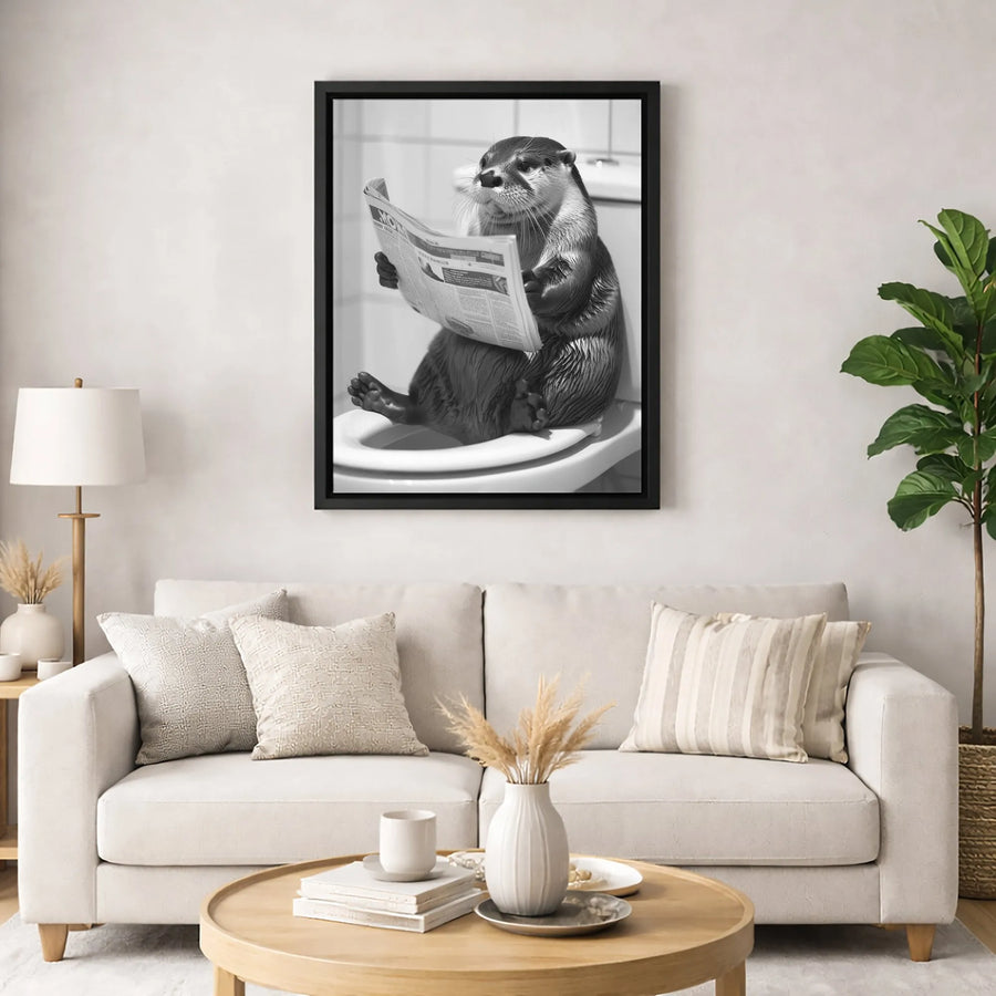 Funny Otter Reading Newspaper On Toilet Canvas | Quirky Bathroom Wall Art | Premium Fade-Resistant Gallery Wrap | Unique Home Decor Gift