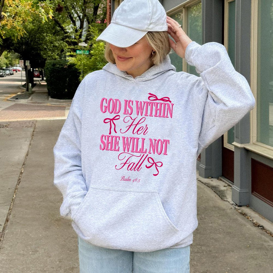 God Is Within Her She Will Not Fall Hoodie | Psalm 46:5 Christian Graphic Sweatshirt | Soft Cotton-Poly Blend | Religious Gift for Women
