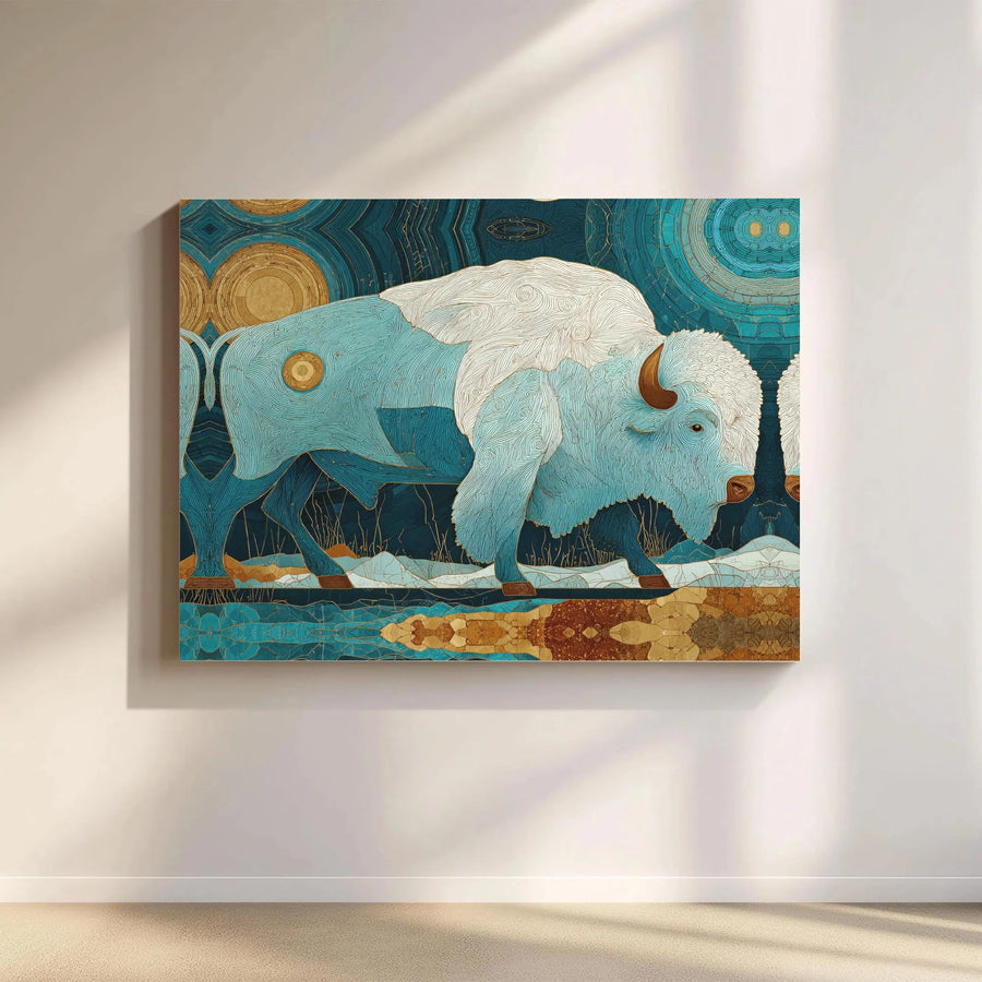 White Buffalo Canvas Art | Abstract Mosaic Teal And Gold Wildlife Wall Decor | Premium Gallery Wrap Print | Modern Living Room Statement Gift