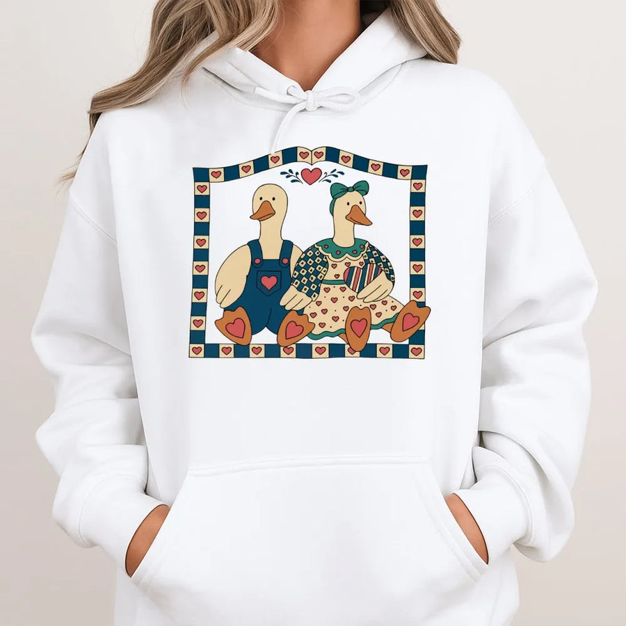 Vintage Goose Hoodie | Retro Farmhouse Couple Heart Graphic | Premium Cotton Blend | Cute Cottagecore Aesthetic Gift for Her