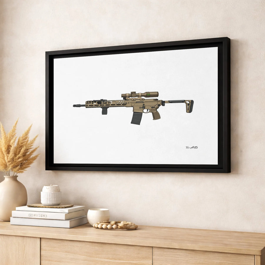 Tactical Rifle Canvas Art | Modern FDE Carbine Rifle Illustration | Premium Gallery Wrapped Wall Decor | Gift for Gun Enthusiasts & Veterans