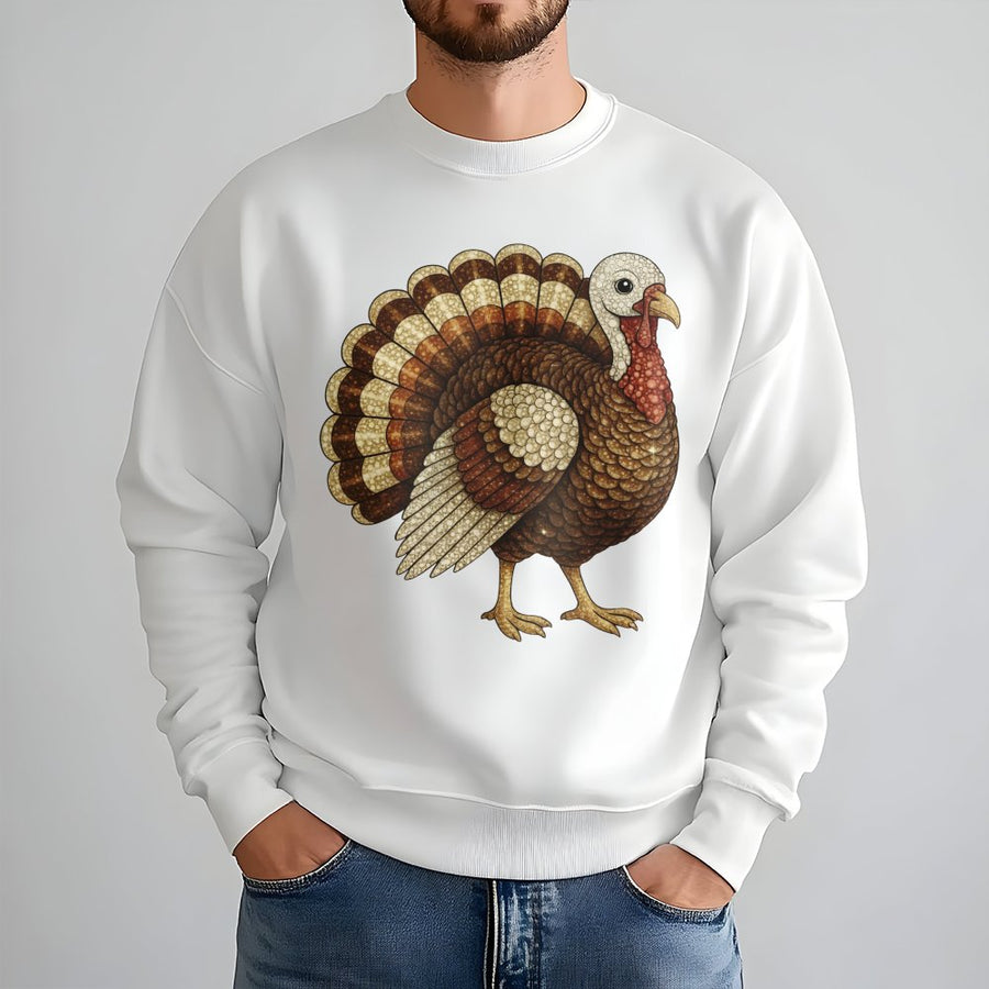 Turkey Thanksgiving Sweatshirt | Faux Rhinestone Mosaic Graphic | Premium Cotton Blend | Cozy Fall Apparel Gift for Women and Men