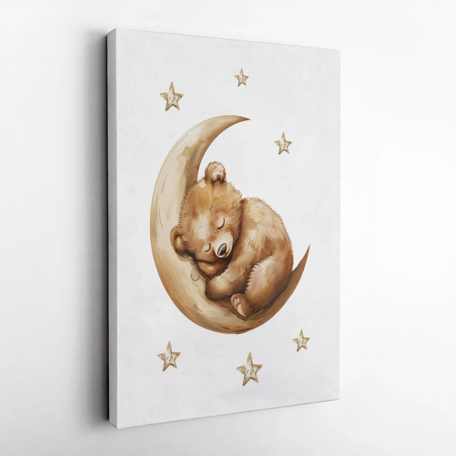 Sleeping Bear on Moon Canvas Wall Art | Watercolor Nursery Decor | 1.25-Inch Premium Gallery Wrap | Baby Shower Gift for Boys or Girls