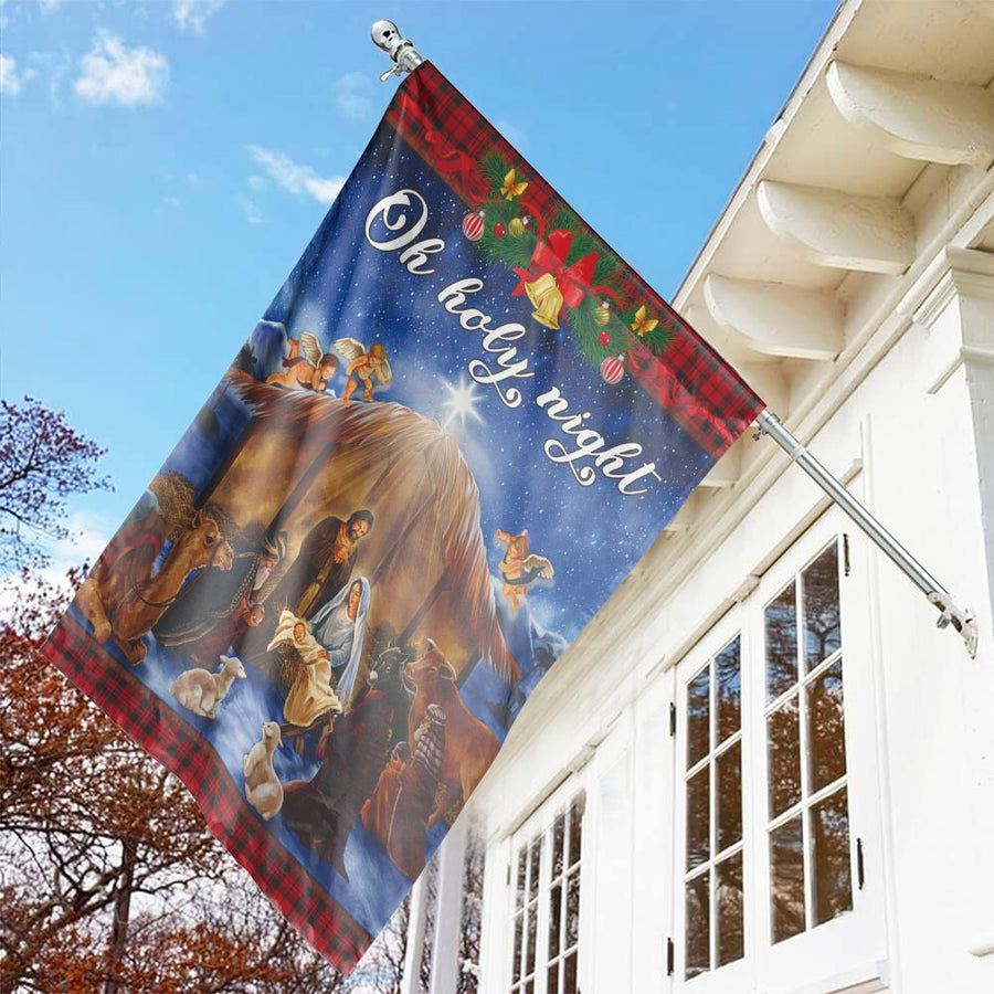 Oh Holy Night Nativity Scene Garden Flag | Buffalo Plaid Christmas Garden Decor | Premium Weather-Resistant Polyester | Religious Holiday Gift