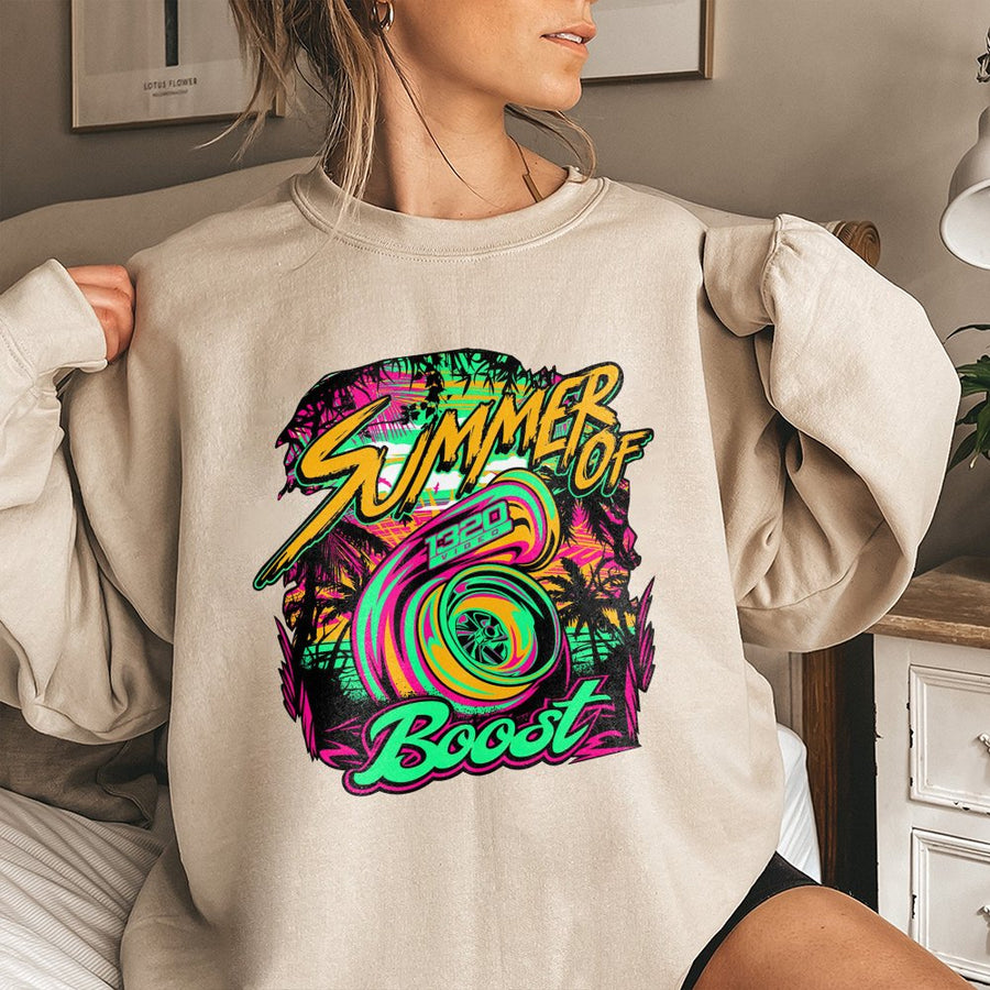 Summer Of Boost Sweatshirt | Neon Turbocharger Car Graphic | Premium Cotton Blend Crewneck | Gift For Car Enthusiast And JDM Racing Fan