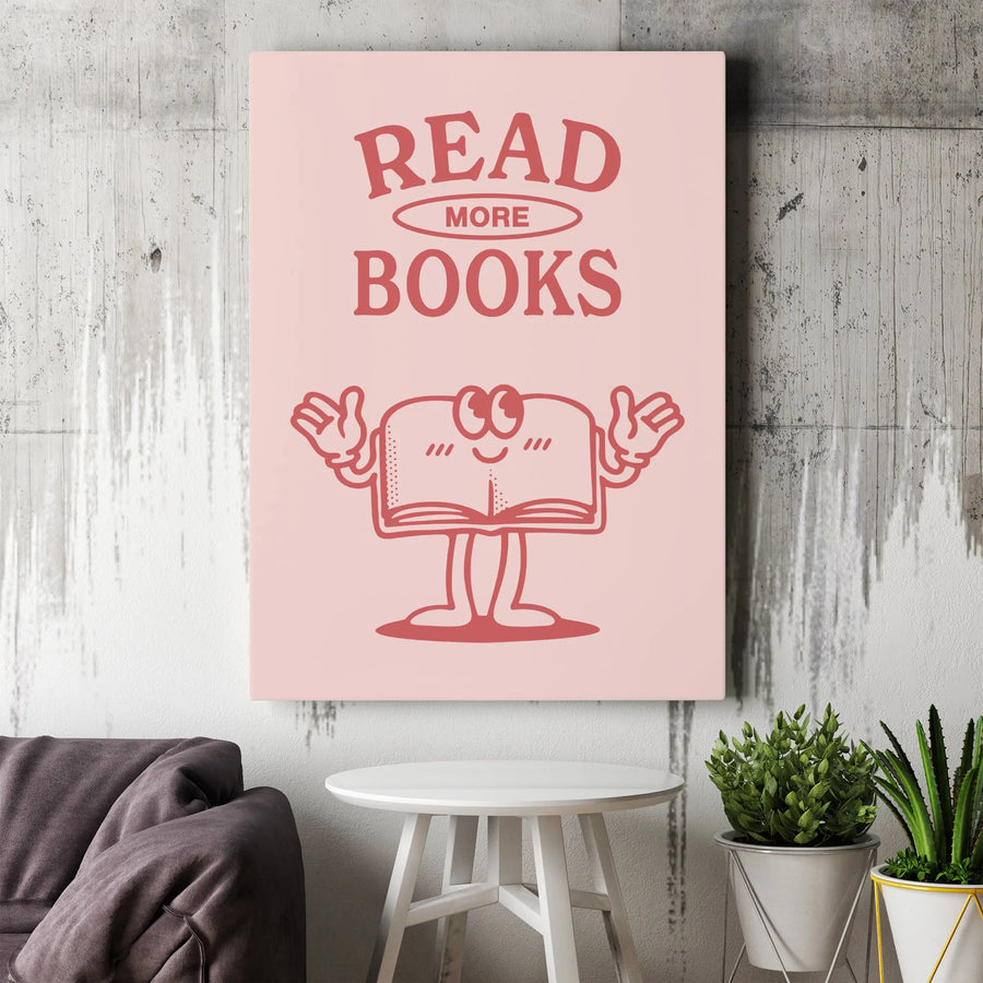 Read More Books Canvas Art | Retro Cartoon Bookworm Illustration | Premium Gallery Wrap Wall Decor | Librarian & Book Lover Gift