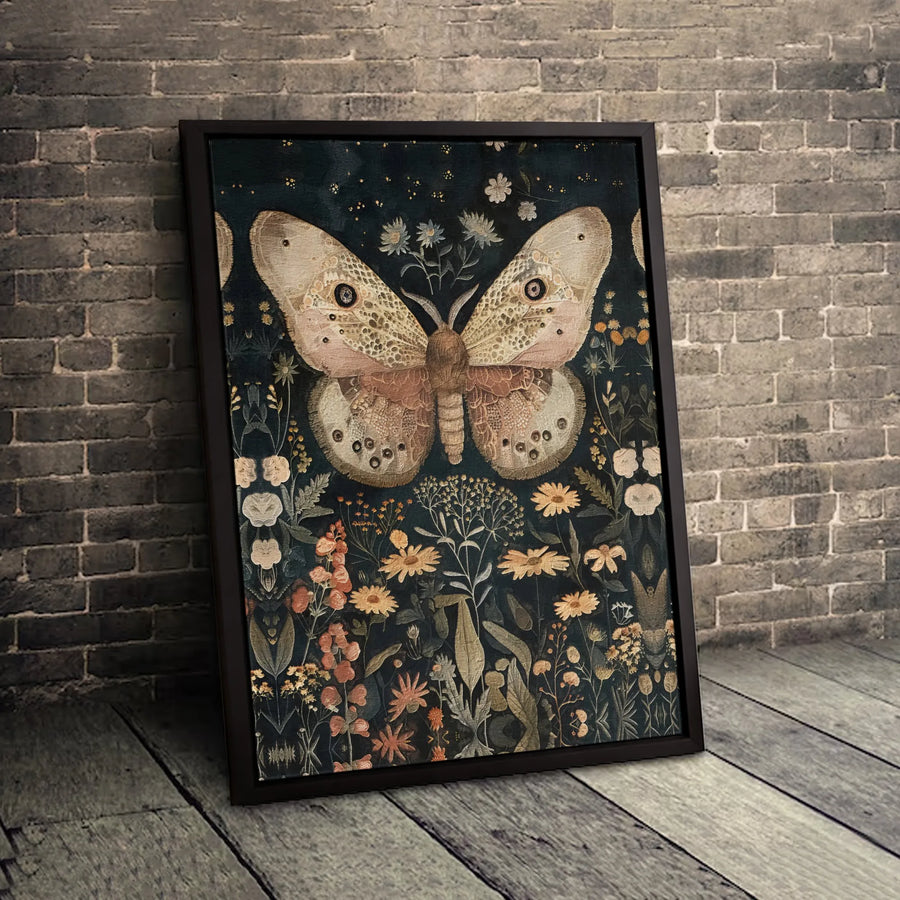Vintage Moth Canvas Wall Art | Botanical Wildflowers Illustration | Premium Gallery Wrapped Print | Nature Lover Home Decor Gift