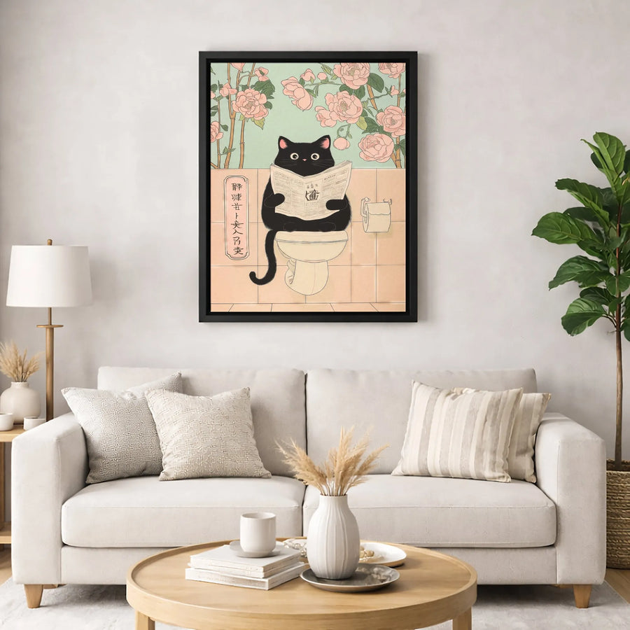 Black Cat Bathroom Wall Art | Ukiyo-E Style Japanese Poster | Premium Gallery Canvas | Funny Gift for Cat Lovers