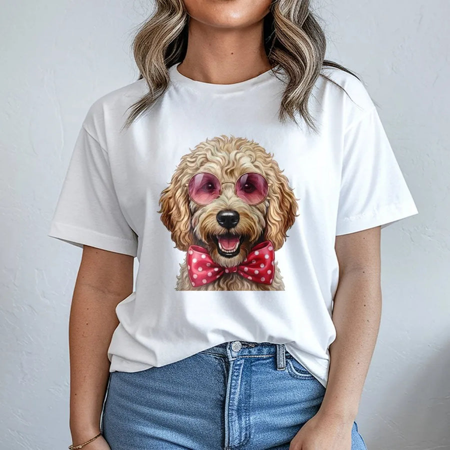Goldendoodle T-Shirt | Funny Dog with Pink Sunglasses and Bow Tie | 100% Cotton Premium Tee | Cute Doodle Mom Gift for Dog Lovers